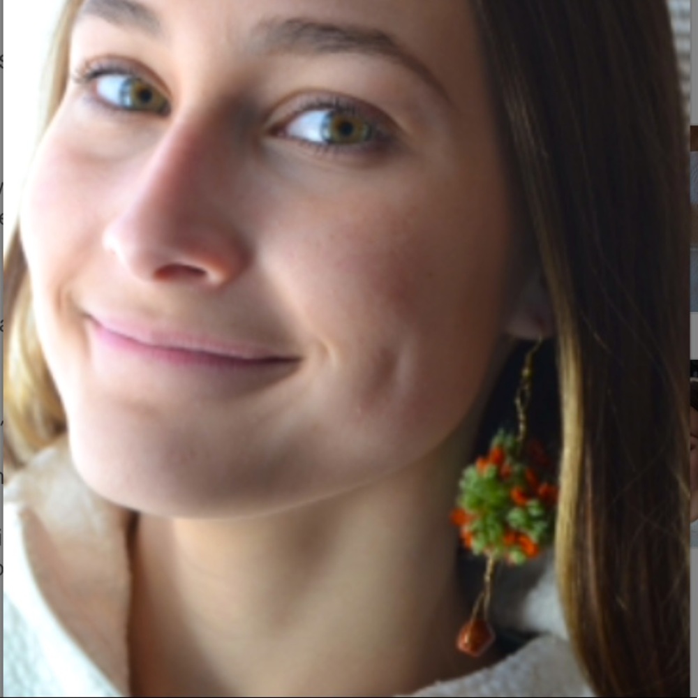 Olive green/orange handmade Fall Pom Pom dangle earrings poof yarn tigers eye